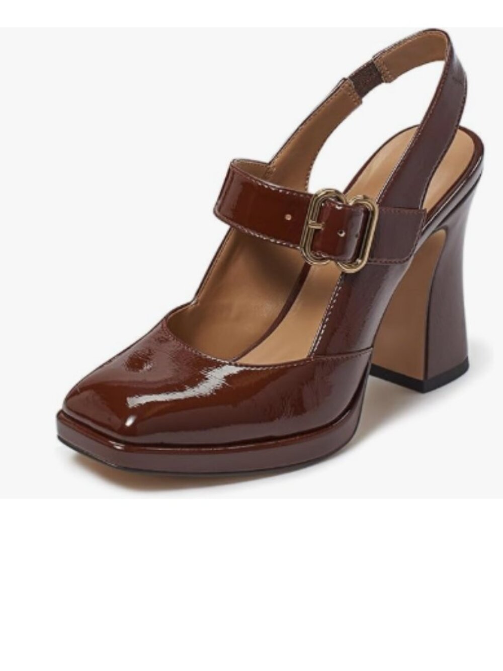 FYS Chocolate Platform Square Toe Pump Block High Heel Mary Janes Slingback Shoe